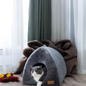 Comfy Luxury Warm Grey Cat Dog Tent With Soft Cushion , Pet Hideout, Summer Pet Cave, Warm Soft Cat and Dog Nest, Funny Pet Lovers House