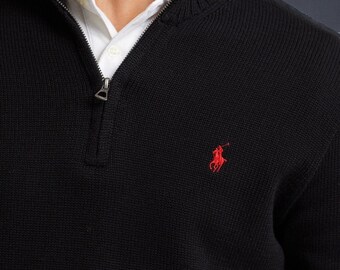 Ralph Lauren à manches longues et fermeture éclair sur un quart de tour, coupe classique, inspiration pour homme, pull à logo pour homme, col en V, Idées cadeaux pour homme