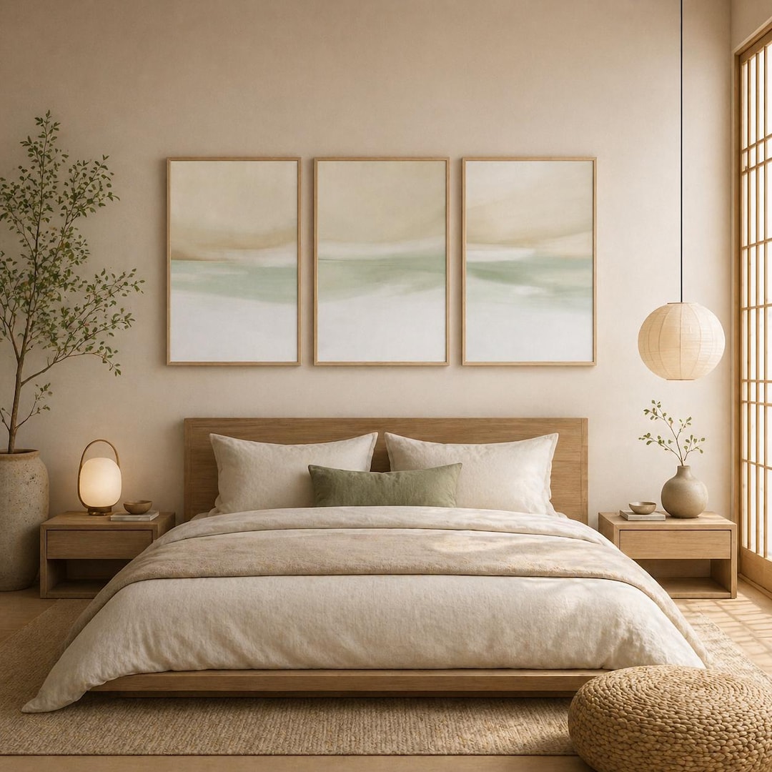Above Bed Wall Art Set of 3 | Beige Sage Green Abstract Watercolor ...