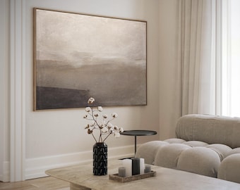 Neutral Abstract Landscape Print Above Sofa, Beige Taupe Horizon Wall Art Digital Download, Large Horizontal Living Room, Warm Minimal Art