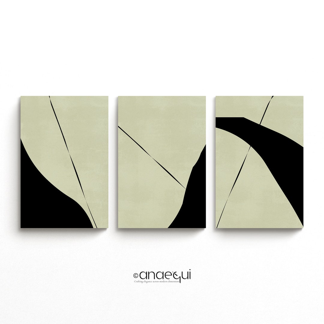 Modern Abstract Japandi Printable Wall Art Set of 3 Sage Green & Black ...