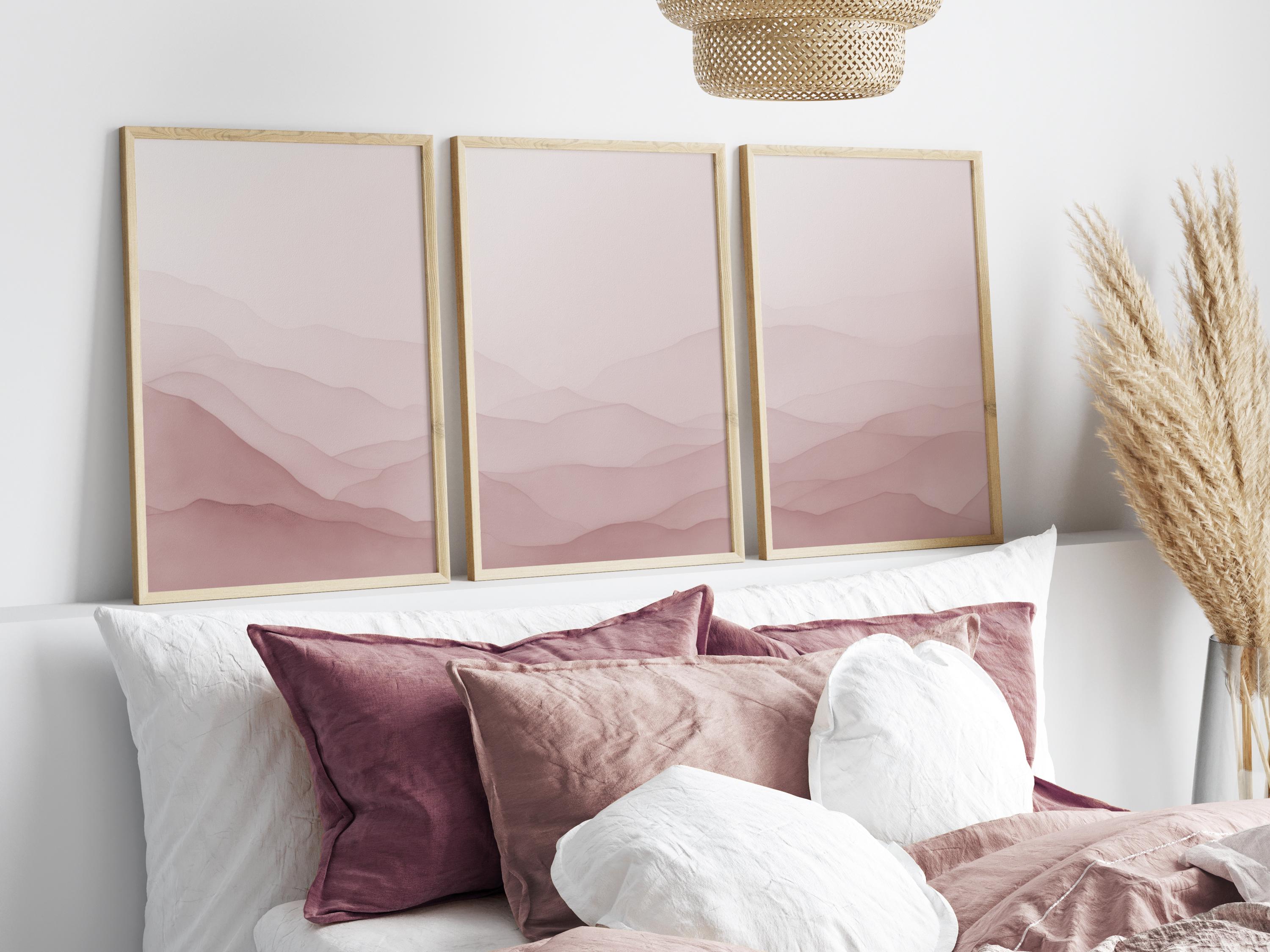 Blush Pink Wall Art Set of 3 | Dusty Rose Abstract Mountain Print ...