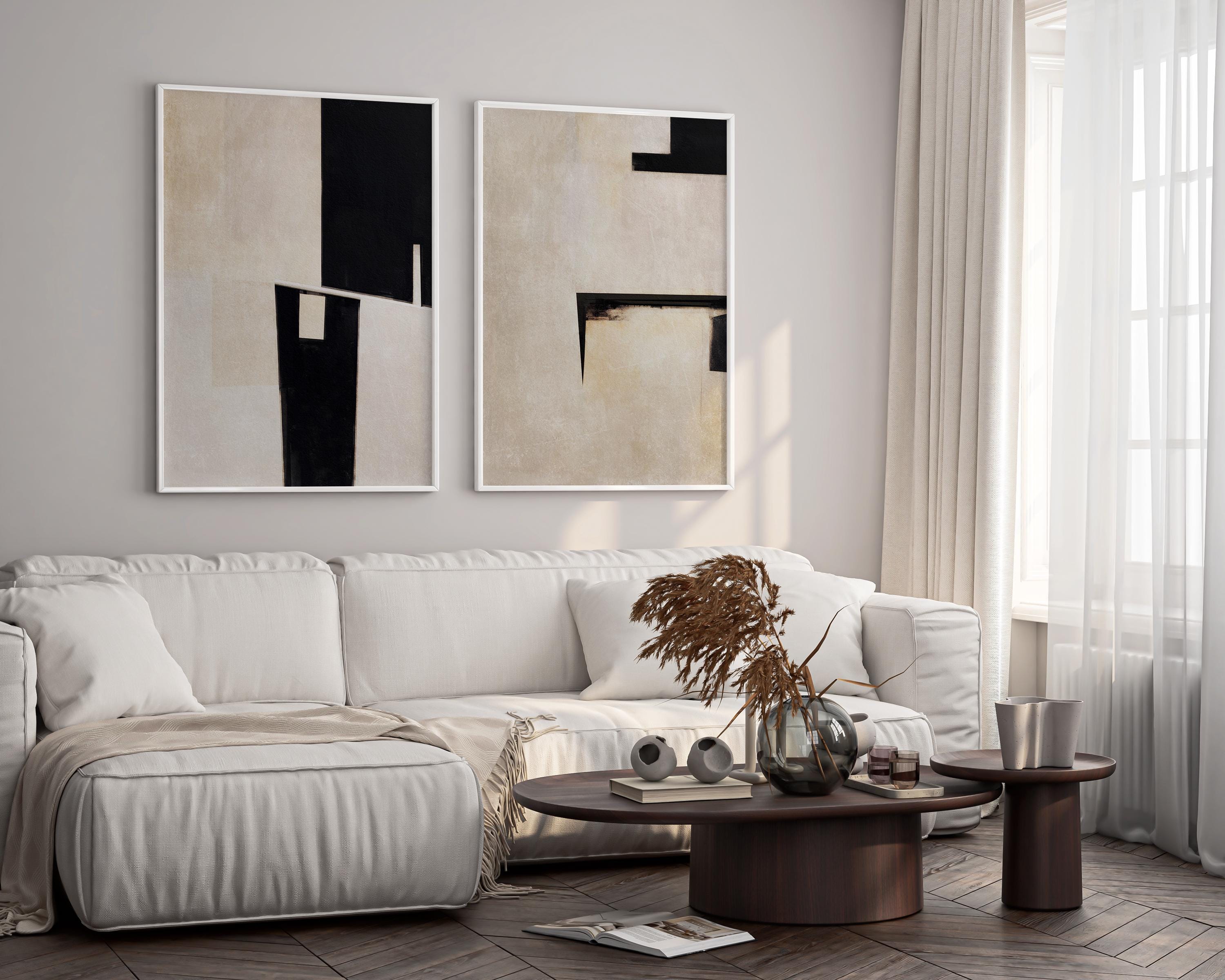 Japandi Abstract Art Prints | Beige & Black Minimalist Set (digital ...