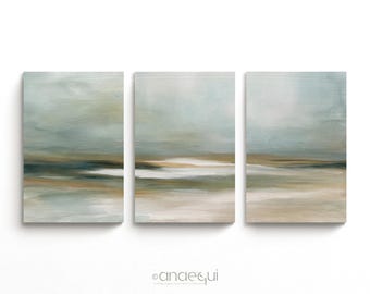 Wall Art Set of 3 | Large Neutral Landscape Prints | Minimal Modern Triptych Decor in Soft Sage and Beige | Printable Digital Download