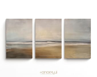 Above Couch Wall Art Set of 3 | Abstract Landscape Triptych | Soft Beige & Taupe Tones | Large Minimalist Living Room Decor | Printable