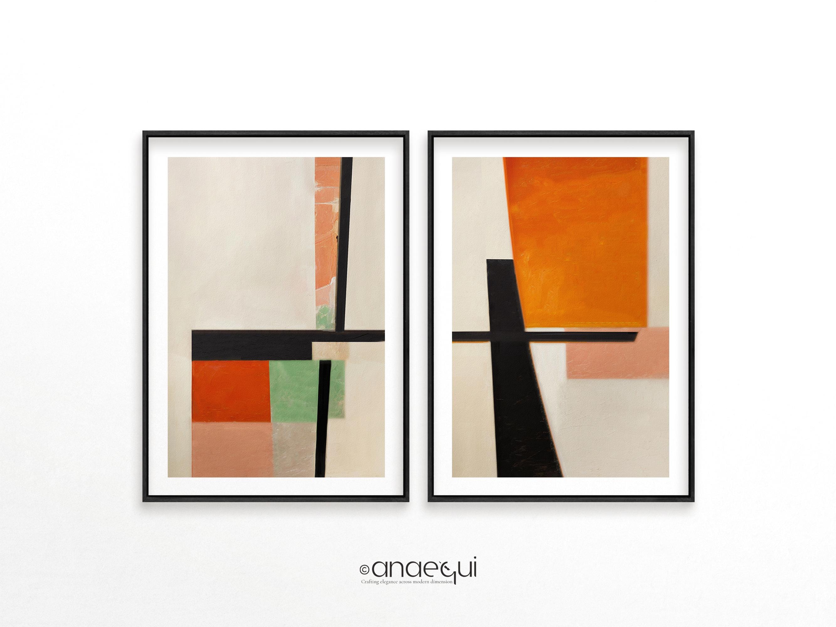 Geometric Abstract Wall Art Set of 2 Prints | Modern Color Block Orange ...