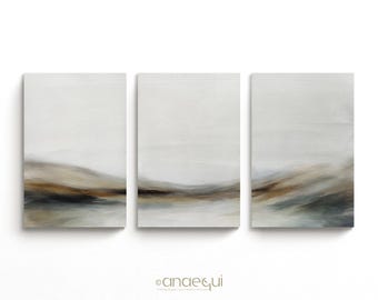 Neutral Landscape Wall Art Set of 3, Earthy Beige Blue Abstract Prints, Large Modern Triptych, Minimalist Decor, Luxury Living Room Wall Art