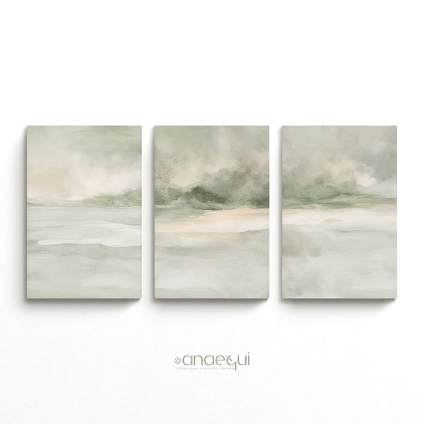 Sage Green Abstract Art Prints Set of 3 | Neutral Modernist Home Decor (Digital Download)