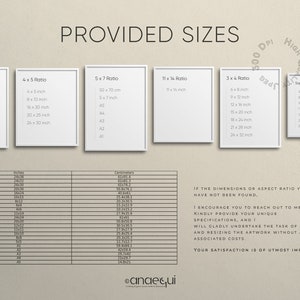 May include: An image showcasing various print sizes, including 4x5 inch, 8x10 inch, and 16x20 inch options, with a table detailing inch and centimeter conversions. The text "PROVIDED SIZES" is at the top, with additional text about custom sizing.