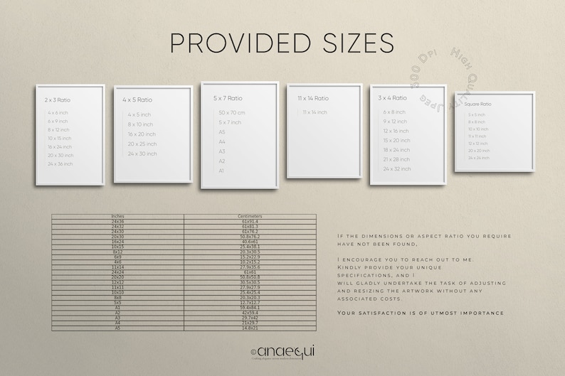 May include: An image showcasing various print sizes, including 4x5 inch, 8x10 inch, and 16x20 inch options, with a table detailing inch and centimeter conversions. The text "PROVIDED SIZES" is at the top, with additional text about custom sizing.