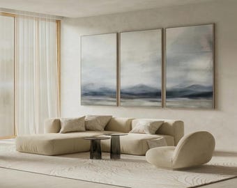 Above Sofa Wall Art | Set of 3 Abstract Prints | Large Airy Living Room Decor | Light Blue Grey Triptych | Modern Minimalist Gallery Art Set