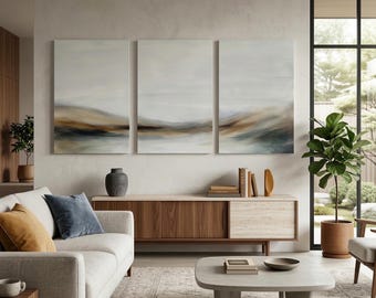 Above Console Wall Art Set of 3 | Earthy Abstract Landscape Print | Ochre Green Triptych | Mid Century Living Room Decor | Instant Download