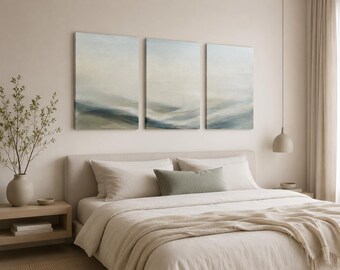 Above Bed Wall Art | King Size Bedroom Decor | Set of 3 Abstract Prints | Misty Blue and Beige Triptych | Ethereal Master Suite Gallery Set