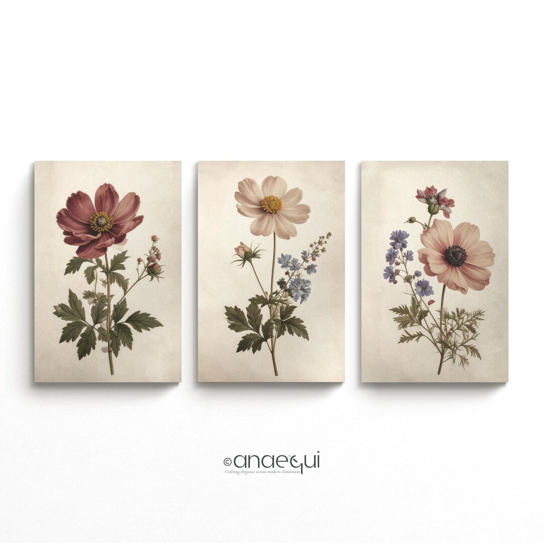 Vintage Botanical Prints Set of 3 | Moody Floral Cottagecore (digital ...