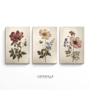 Vintage Neutral Floral Art Trio | Moody Botanical Prints Set | Cottagecore Wall Decor | Farmhouse Digital Downloadable