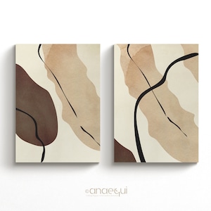Puede incluir: Dos impresiones de arte abstracto con formas de acuarela marrones y beige y líneas negras sobre un fondo crema.