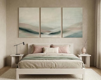 Above Bed Wall Art | King Size Bedroom Decor | Set of 3 Abstract Prints | Large Sage & Blush Triptych | Modern Master Suite Gallery Set