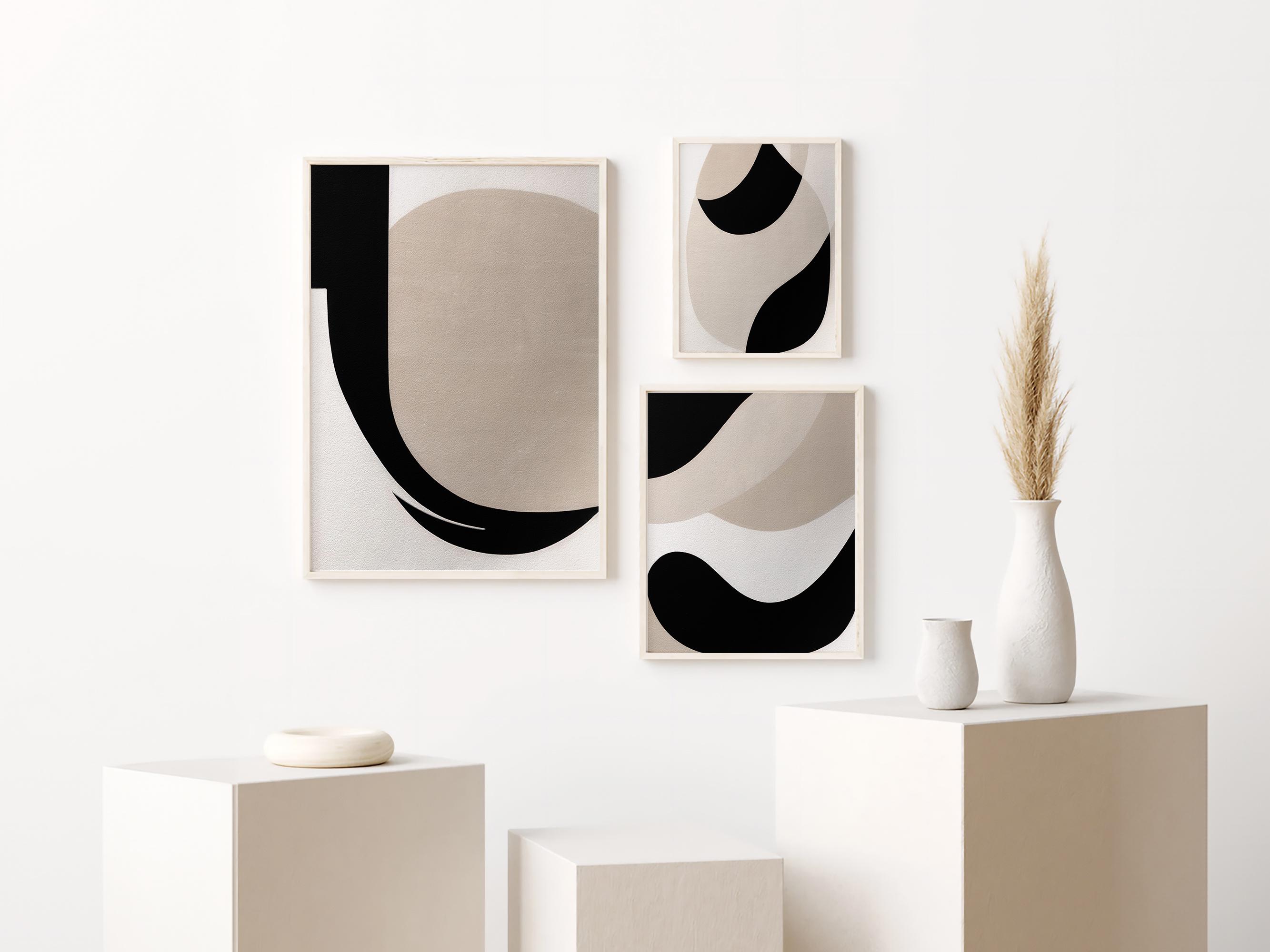 Neutral Japandi Abstract Art Print Set – Beige and Black (digital ...