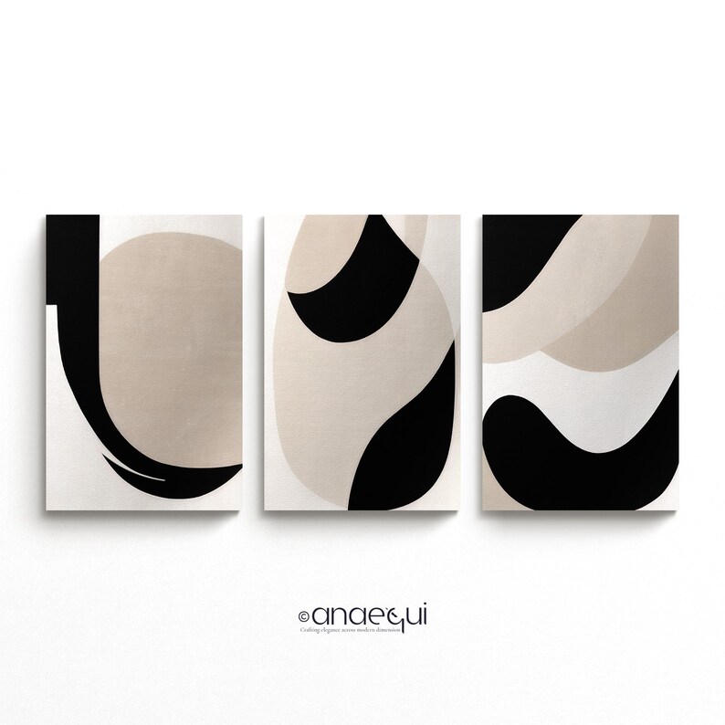 Neutral Japandi Abstract Art Print Set – Beige and Black (digital ...