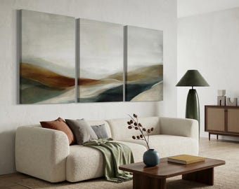 Warm Minimalism Wall Art | Set of 3 Abstract Prints | Rust and Terracotta Triptych | Large Earthy Living Room Decor | Modern Console Art