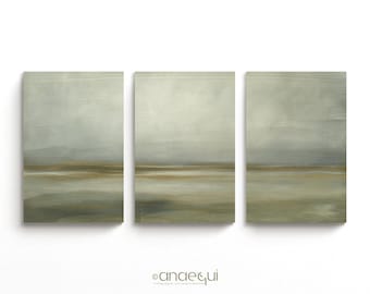 Set of 3 Sage Green Wall Art Prints | Large Abstract Landscape for Living Room | Modern Neutral Japandi Triptych | Above Couch Wall Decor