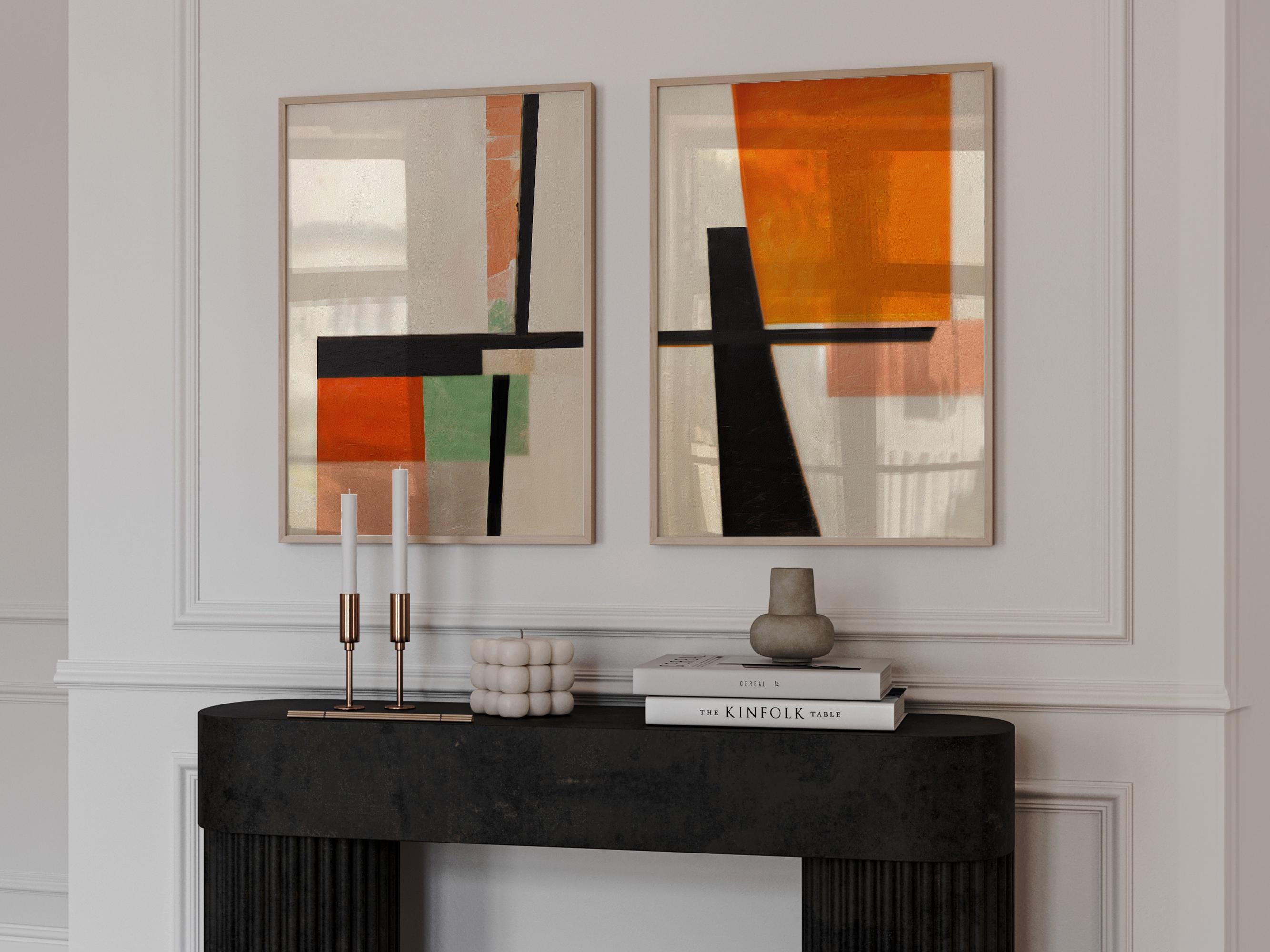 Geometric Abstract Wall Art Set of 2 Prints | Modern Color Block Orange ...