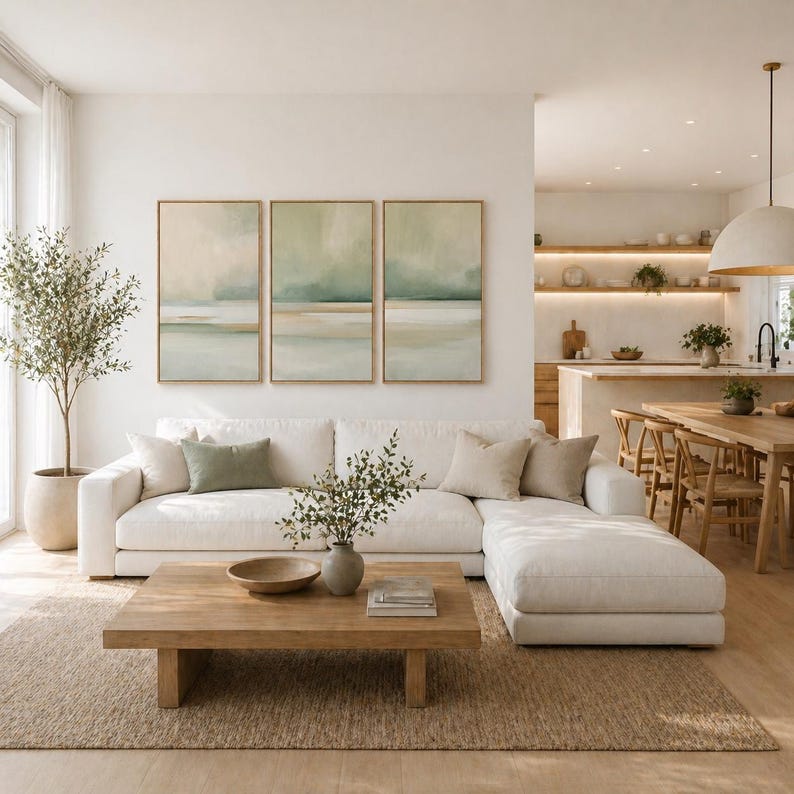 May include: A modern living room with a white sectional sofa, a wooden coffee table, and three framed landscape paintings. A large area rug and a potted tree add warmth. The kitchen and dining area are visible in the background.