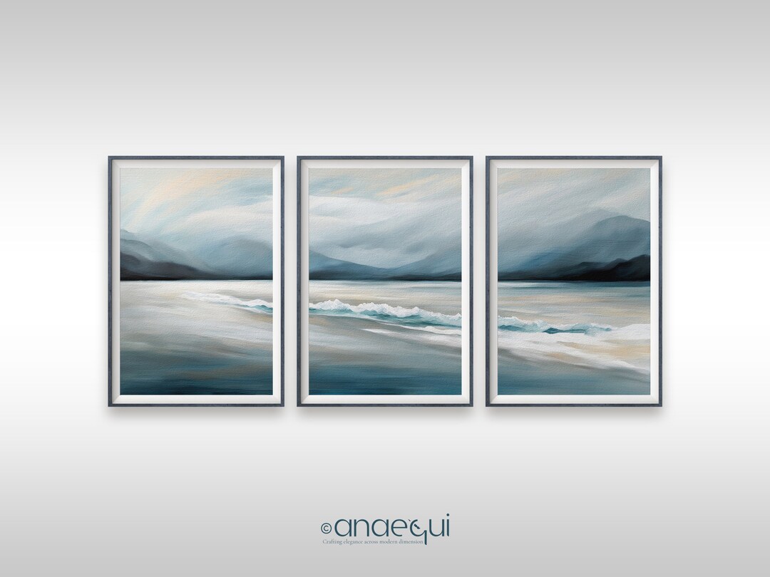 Modern Abstract Printable Seascapes Wall Art Set of 3 Coastal Acrylic Paintings, Muted Deep Blue ...