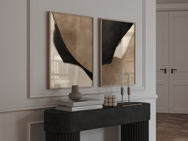 Neutral Wall Art Set of 2, Abstract Printable Wall Art, Beige Black ...