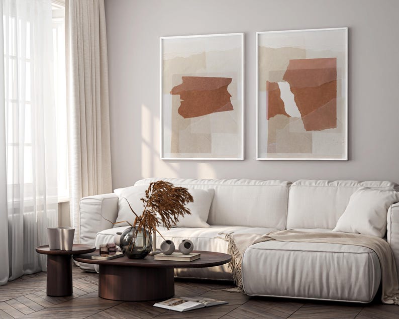 Abstract Paper Collage Art, Set of 2 Terracotta Prints, Torn Paper Wall