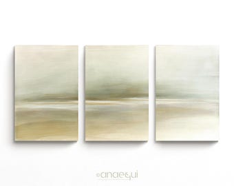 Neutral Minimalist Wall Art Set of 3 | Large Calm Abstract Landscape Prints | Soft Sage Green & Cream Modern Home Decor | Printable