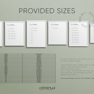 May include: A graphic showing print sizes in inches and centimeters, including 2x3, 4x5, 5x7, 11x14, 3x4, and square ratios. The image also includes a table with measurements and text that reads "Provided Sizes".