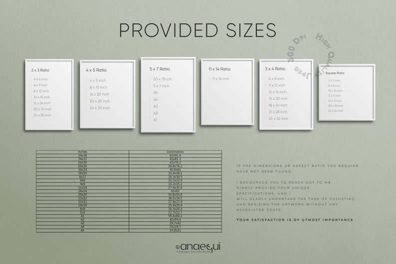 May include: A graphic showing print sizes in inches and centimeters, including 2x3, 4x5, 5x7, 11x14, 3x4, and square ratios. The image also includes a table with measurements and text that reads "Provided Sizes".