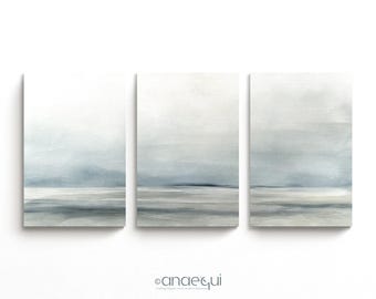 Calm Blue Wall Art Set of 3 Minimal Coastal Horizon Prints | Large Serene Living Room Decor | Soft Neutral Triptych | Digital Download