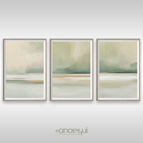 Modern Neutral Abstract Printable Wall Art Set of 3 Sage Green Earthy Color Palette, Minimalist Serene Gallery Wall, Modernist Home Decor