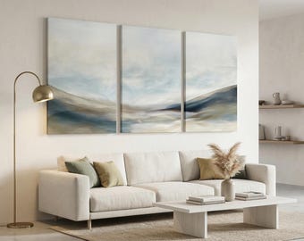 Above Sofa Wall Art Set of 3 | Blue Beige Abstract Landscape | Flowing Motion Triptych | Contemporary Living Room Decor | Instant Download