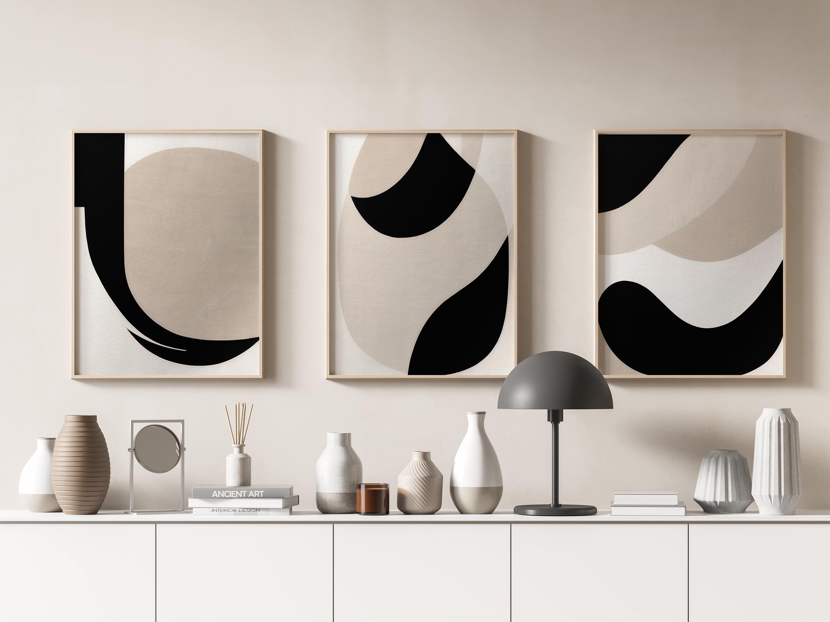 Neutral Japandi Abstract Art Print Set – Beige and Black (digital ...