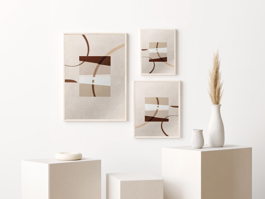 Abstract Art Set of 3 Prints, Neutral Geometric Gallery Wall Decor ...