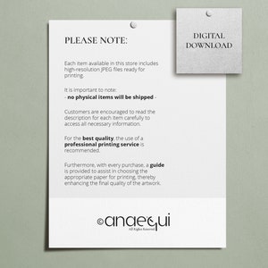 May include: A white paper with the text "PLEASE NOTE:" and other details about the product. A small square with the text "DIGITAL DOWNLOAD" is pinned to the top right. The store logo is at the bottom.