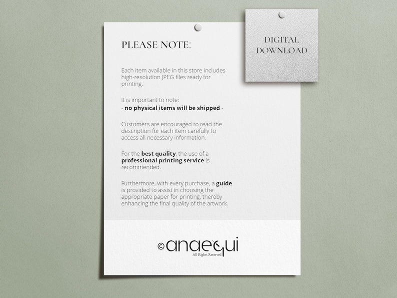 May include: A white paper with the text "PLEASE NOTE:" and other details about the product. A small square with the text "DIGITAL DOWNLOAD" is pinned to the top right. The store logo is at the bottom.