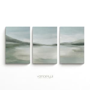 Modern Abstract Lake Landscape Wall Art Painting Set of 3 Printable Sage Green Color Palette, Serene Nature Digital Art, Calming Home Decor