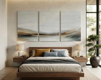 Above Bed Wall Art | King Size Bedroom Decor | Set of 3 Abstract Prints | Warm Ochre and Sand Triptych | Modern Zen Master Suite Gallery Set