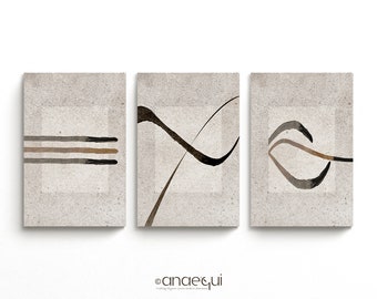 Zen Wall Art Set of 3 | Abstract Calligraphy Brush Prints | Japanese Minimalist Decor | Neutral Meditation Room Printable | Digital Download