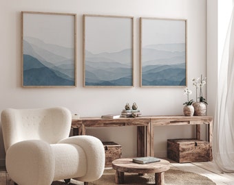 Large Wall Art Set of 3 | Blue Abstract Mountain Prints | Indigo Gradient Landscape | Serene Boho Living Room Decor | Instant Download