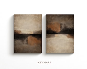 May include: Two abstract paintings with a horizontal line dividing the canvas. The top half of each painting is a light beige color, while the bottom half is a darker brown with hints of orange and black.