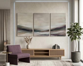 Abstract Landscape Triptych Set of 3 | Moody Purple Green Wall Art | Motion Blur Horizon Print | Contemporary Living Room Decor | Printable
