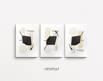 Juego de 3 pósteres de pared imprimibles con diseño abstracto zen moderno en paleta de colores negro y beige, galería minimalista japonesa, descargables.
