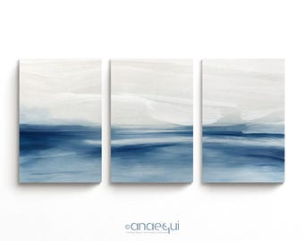 Abstract Seaside Triptych, Blue White Seascape Art (Digital Download)