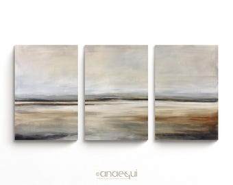 Large Wall Art Set of 3 for Living Room | Neutral Abstract Landscape Triptych in Sand and Taupe | Minimal Modern Printable Wall Decor
