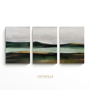Sage Green Abstract Landscape Triptych | Earth‑Tone Wall Art Set of 3 | Modern Minimalist Canvas Print Digital Download